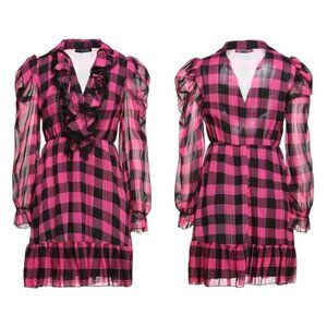 Vanessa Scott pink ruffle tunic dress tartan print long sleeves dress size M